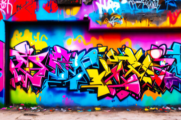 Colorful Urban Graffiti Art on Wall – Street Style Mural Illustration. Vibrant and dynamic graffiti artwork painted on a city wall, featuring bold lettering, vivid colors, and floral elements.