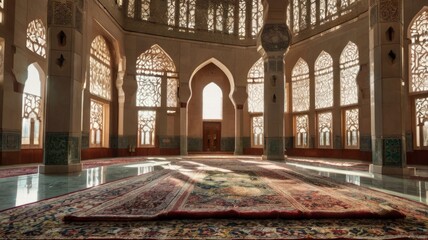 A grand mosque interior featuring ornate Islamic architecture and prayer rugs.