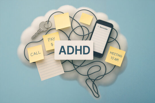 ADHD conceptual image with brain shape, smartphone reminders, and sticky notes