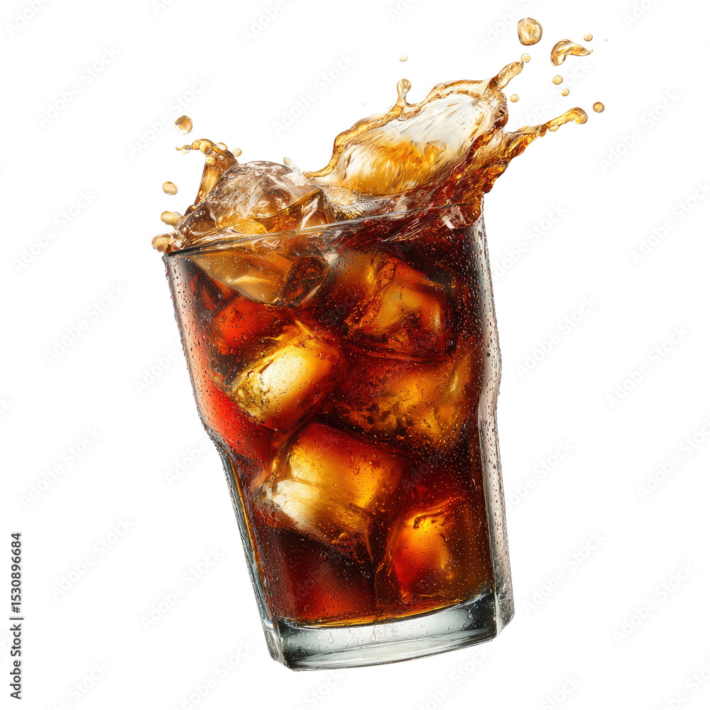 Poster refreshing cola drink with ice cubes and splash on transparent background