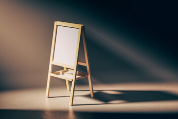 Wooden easel with a white board on it is sitting in a dark room. The room is dimly lit, and the easel is the only object in scene. 3d render