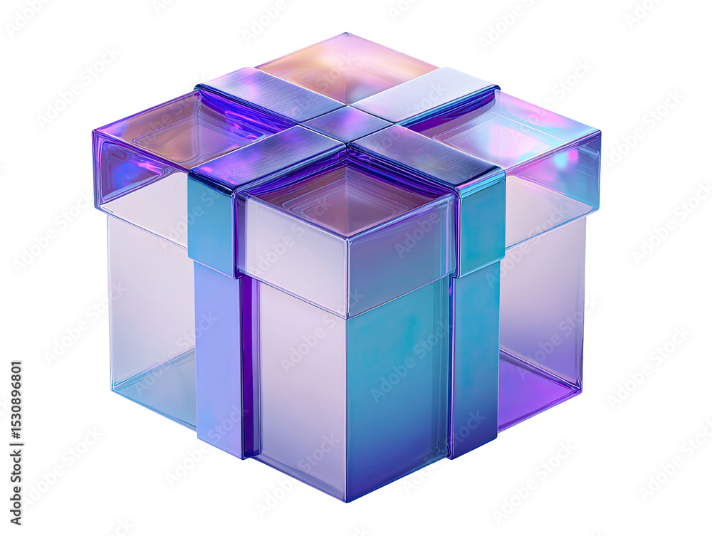 Poster abstract holographic glass cube with iridescent reflections and transparent background on transparen