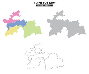Tajikistan map variations are colour coded by regions, solid grey silhouette and outlined with regional borders.	
