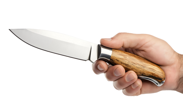 hand holding a hunting knife on transparent background PNG