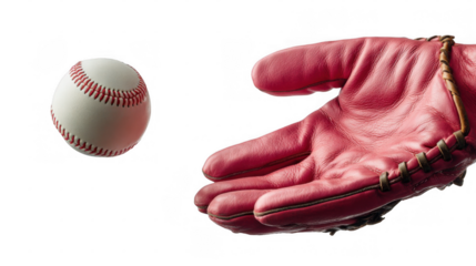 Red baseball glove is releasing a baseball into an open space, set against a transparent background, creating a dynamic image suitable for sports related projects