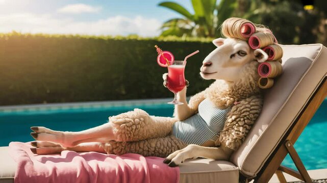Sheep with curlers lounges poolside, sipping cocktail on a sunny day. Summer vacation.