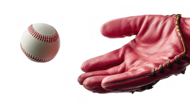 Red baseball glove is releasing a baseball into an open space, set against a transparent background, creating a dynamic image suitable for sports related projects