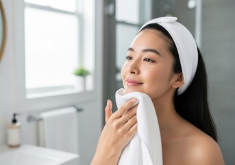 Young Asian woman enjoying skincare routine in bright bathroom with towel and headband