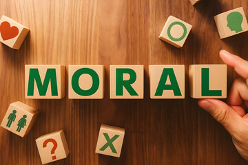 Moral values and ethics concept: wooden blocks spelling moral with icons for business growth