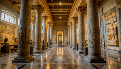 A grand hall showcases intricately carved columns adorned with ancient inscriptions, complemented by numerous classical sculptures and wall reliefs. The polished floor reflects the warm light.