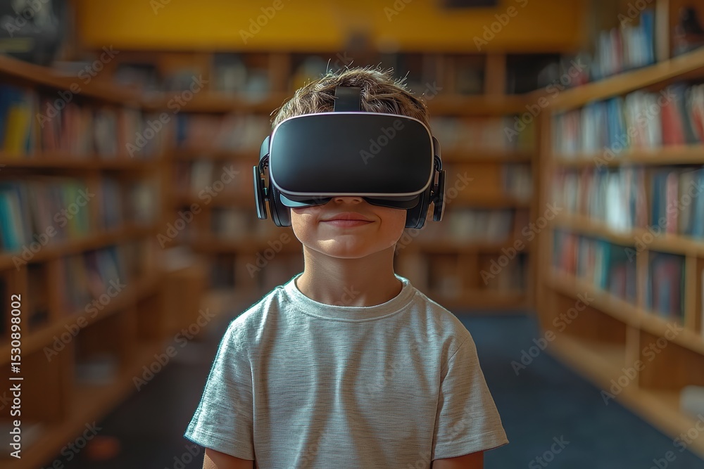 Poster boy enjoys virtual reality experience in library setting surrounded by books