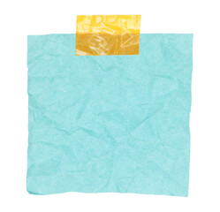 Crumpled blank sheet of paper for notes attached by adhesive tape, isolated on transparent...