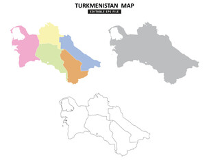  Turkmenistan map variations are colour coded by regions, solid grey silhouette and outlined with regional borders.	
