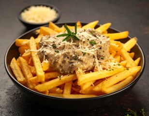 Frytki belgijskie z truflowym majonezem i parmezanem, podane w czarnej miseczce na ciemnym tle