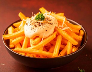 Frytki belgijskie z truflowym majonezem i parmezanem, podane w czarnej miseczce na ciemnym tle