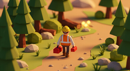 Low-poly 3D Render Lumberjack Walking Forest Path at Sunset