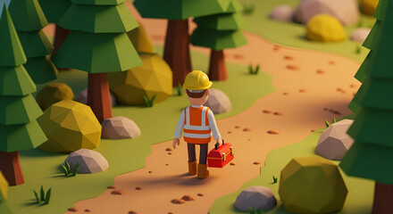 Low-poly 3D Render Construction Worker Walking on Forest Path