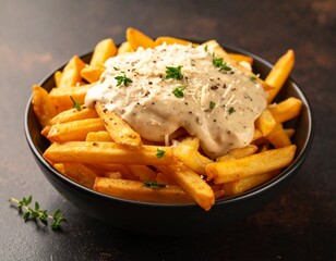 Frytki belgijskie z truflowym majonezem i parmezanem, podane w czarnej miseczce na ciemnym tle