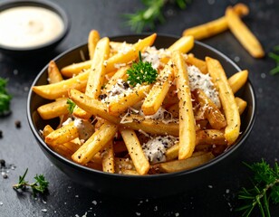 Frytki belgijskie z truflowym majonezem i parmezanem, podane w czarnej miseczce na ciemnym tle