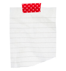 Crumpled sheet of notepad paper attached by adhesive tape, isolated on transparent background....