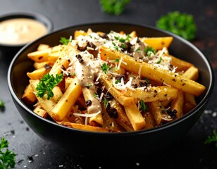 Frytki belgijskie z truflowym majonezem i parmezanem, podane w czarnej miseczce na ciemnym tle