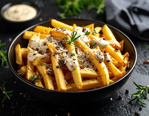 Frytki belgijskie z truflowym majonezem i parmezanem, podane w czarnej miseczce na ciemnym tle