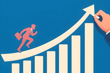 Business growth chart with running businessman and hand drawing arrow for financial success
