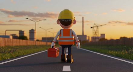 Cartoon Construction Worker Walking Towards Industrial Sunset