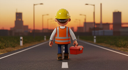 Cartoon Construction Worker Walking Towards Industrial Sunset
