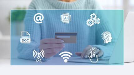 Online Transaction: a person's hands firmly grip a credit card, positioned strategically in front of a laptop's keyboard. Surrounded by digital icons that represent of seamless online transaction.