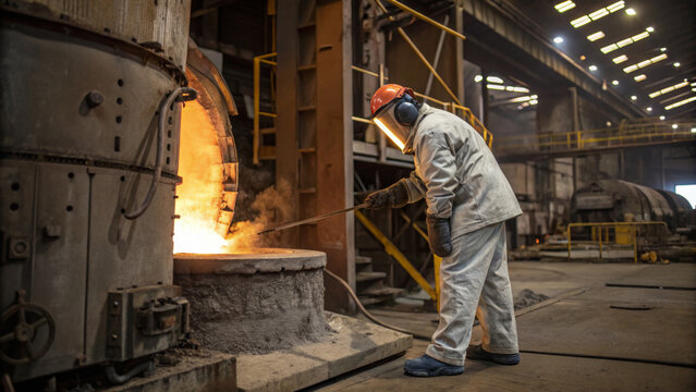 Worker pouring molten metal in a steel manufacturing facility. Base metals market concept.