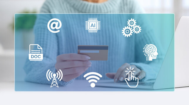 Online Transaction: a person's hands firmly grip a credit card, positioned strategically in front of a laptop's keyboard. Surrounded by digital icons that represent of seamless online transaction.
