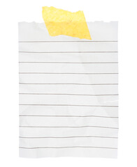 Crumpled sheet of notepad paper attached by adhesive tape, isolated on transparent background. Office blank paper concept