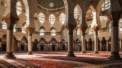 Obraz premium A grand mosque interior featuring ornate Islamic architecture and prayer rugs.