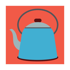 Simple illustration of a blue teapot with grey handle and red background for design