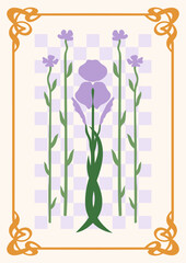 Art Nouveau style illustration vector poster. Retro print design with iris flowers in whimsical frame on checkered background