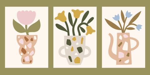 Neutral colors floral vector posters set. Minimalist print designs with flowers in vases and watering can with terrazzo pattern illustrations