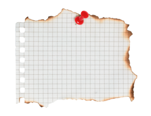 Blank burnt piece of paper from a notebook pinned by red pin, isolated on transparent background. Office blank paper concept
