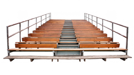 Empty wooden bleachers with metal railings are overlooking a vacant field, isolated on a transparent background, creating a sense of quiet anticipation