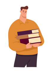 A man holds a stack of books. Flat vector clipart, illustration with isolated background.