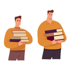 A man holds a stack of books. Flat vector clipart, illustration with isolated background.