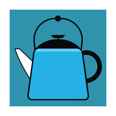 Simple and clean illustration of a blue tea kettle with black handle and minimalist design.