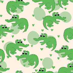 Animal seamless pattern with cartoon crocodiles on color background. Cute holiday illustration with crocodile for baby. Design for invitation, poster, card, fabric, textile, wrapper.