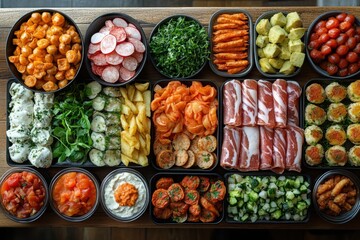 Colorful and appetizing graphic layout for table of fresh ingredients and dishes