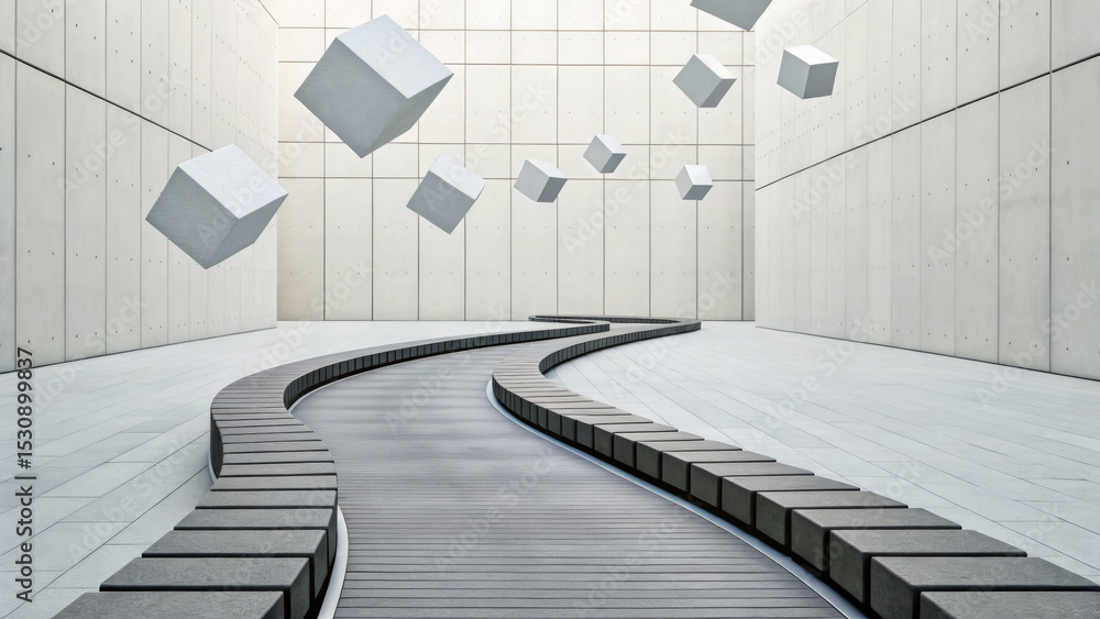 Poster surreal architecture with floating cubes and a winding wooden path. agile business team concept.