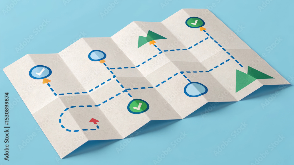 Aufkleber folded map with routes and destination markers on a blue background. agile business team concept.