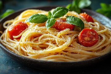 Delicious vegan pasta dish with fresh tomatoes and basil on a dark textured background