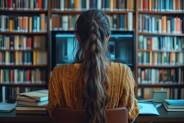 Student focuses on research in library with computer and stacks of books during study session