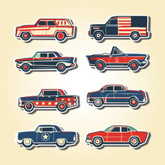 Vintage American Car Stickers In Patriotic Red, Blue, and White Colors