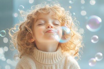 Joyful child in minimalism enjoys blowing bubbles on a sunny day